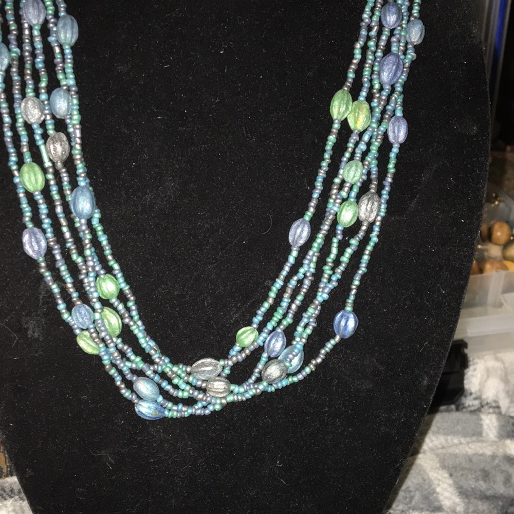 16” Ocean Colored Painted and Glass Seed Bead Multi Strand Necklace